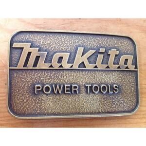 Vtg 70s Makita Power Tools Logo Solid Brass Chunky Belt Buckle USA Made 3.25"